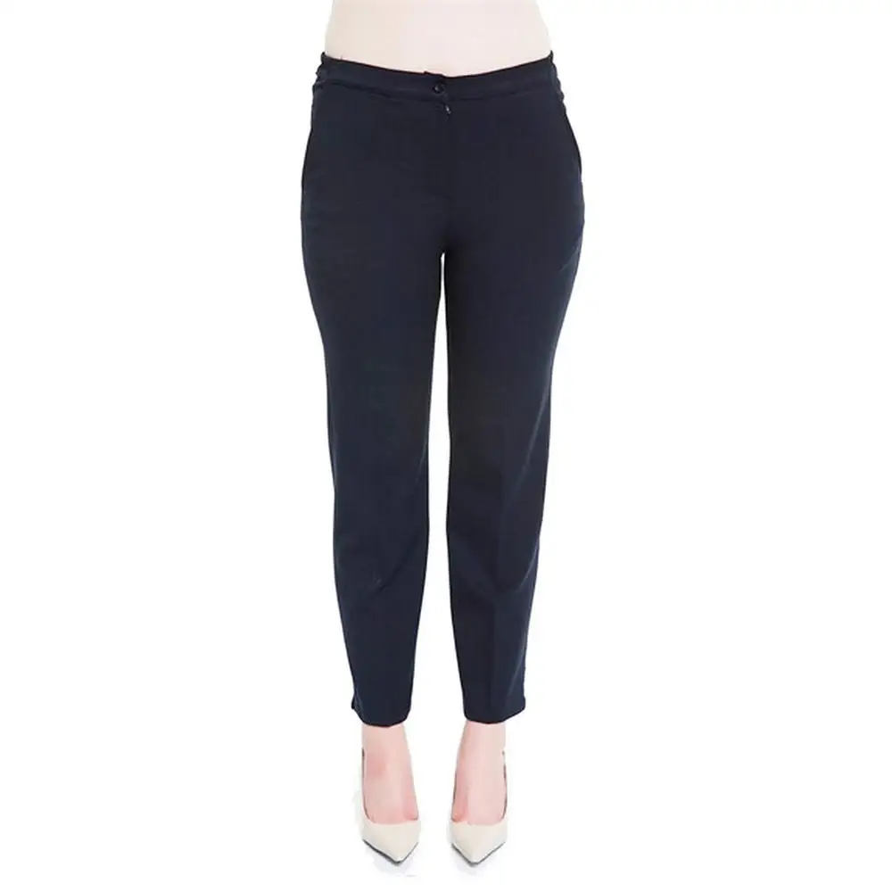 Farif women large size pants Rg1009G fabric high elastic waist flat leg gabardine zipper closure buttoned sports pocket navy blue