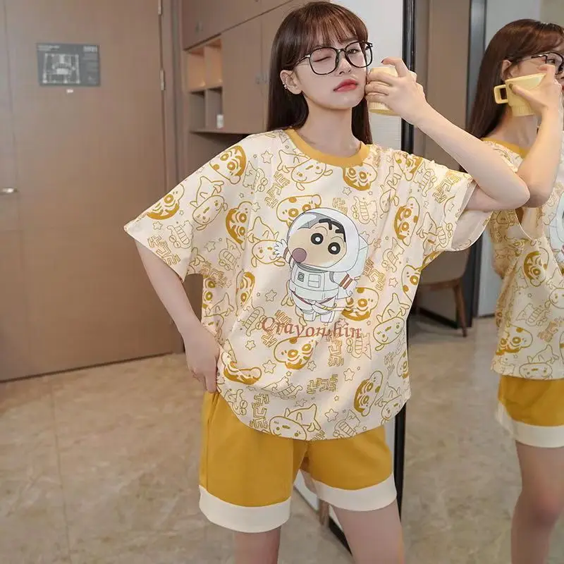 Summer 2 Pieces Pyjama O Neck Tops with Shorts Anime Print Pajamas for Woman Girls Kawaii Home Cloth Harajuku Room Shirts Mujer