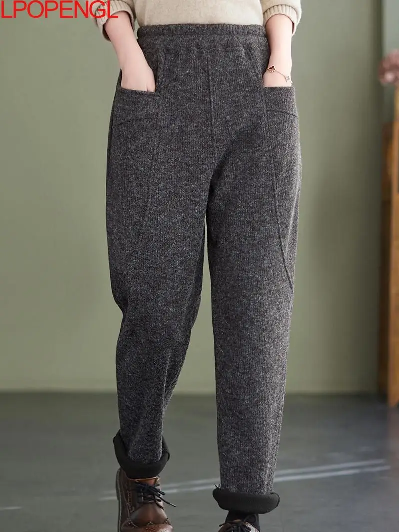 

2022 Women Autumn And Winter New Literary Retro Plus Velvet Thickening Elastic Waist Knitted Pocket Casual Harem Pants Long Pant