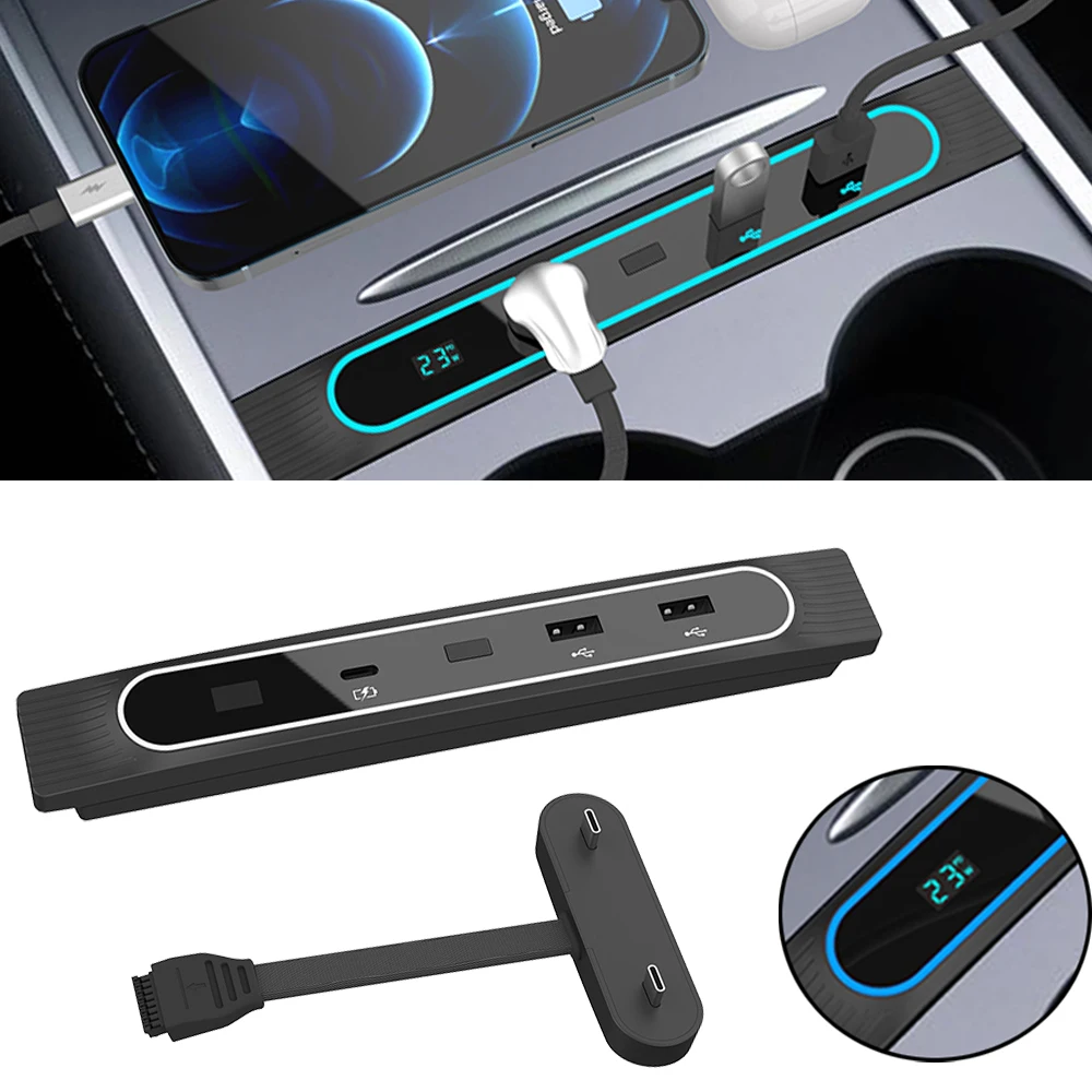 

For Tesla Model 3 Y 2021 2022 27W Quick Charger USB Shunt Hub Intelligent Docking Station Car Adapter Powered Splitter Extension