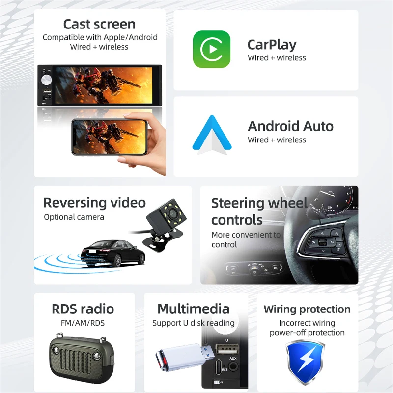 Автомобильный радиоприемник 1 Din беспроводной CarPlay Android-автомат Bluetooth