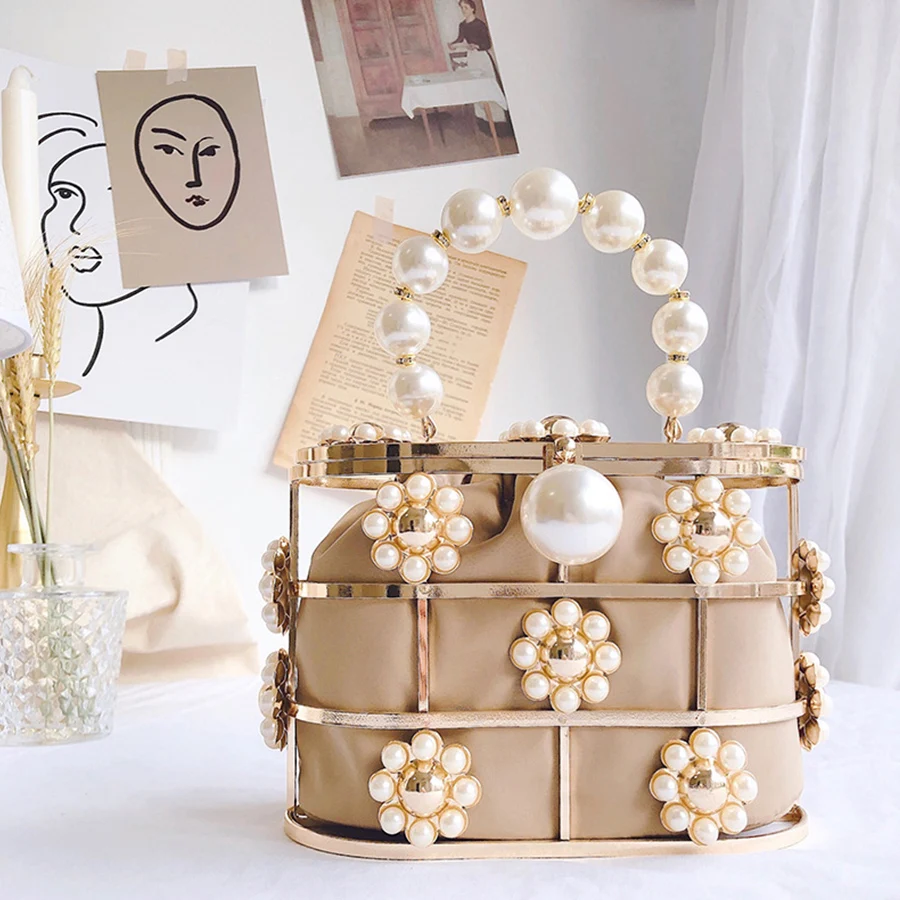 

Summer Pearl Basket Evening Clutch Bags Women Luxury Hollow Out Pearl Beaded Metallic Cage Handbags Ladies Wedding Party Purse