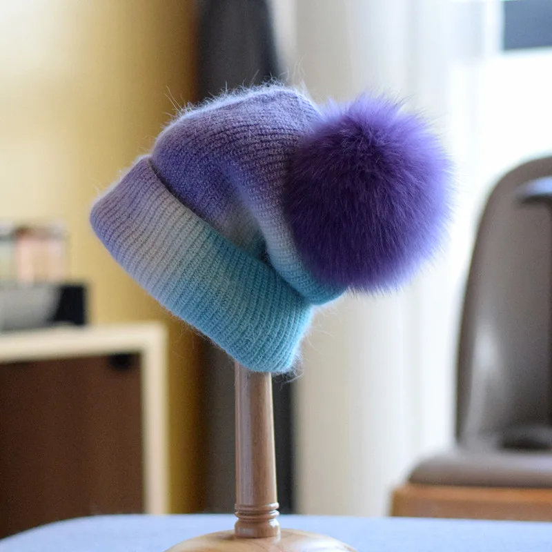 Rabbit Hair Knitting Hat Women's Casual Autumn And Winter Fox Hair Ball Wool Hat