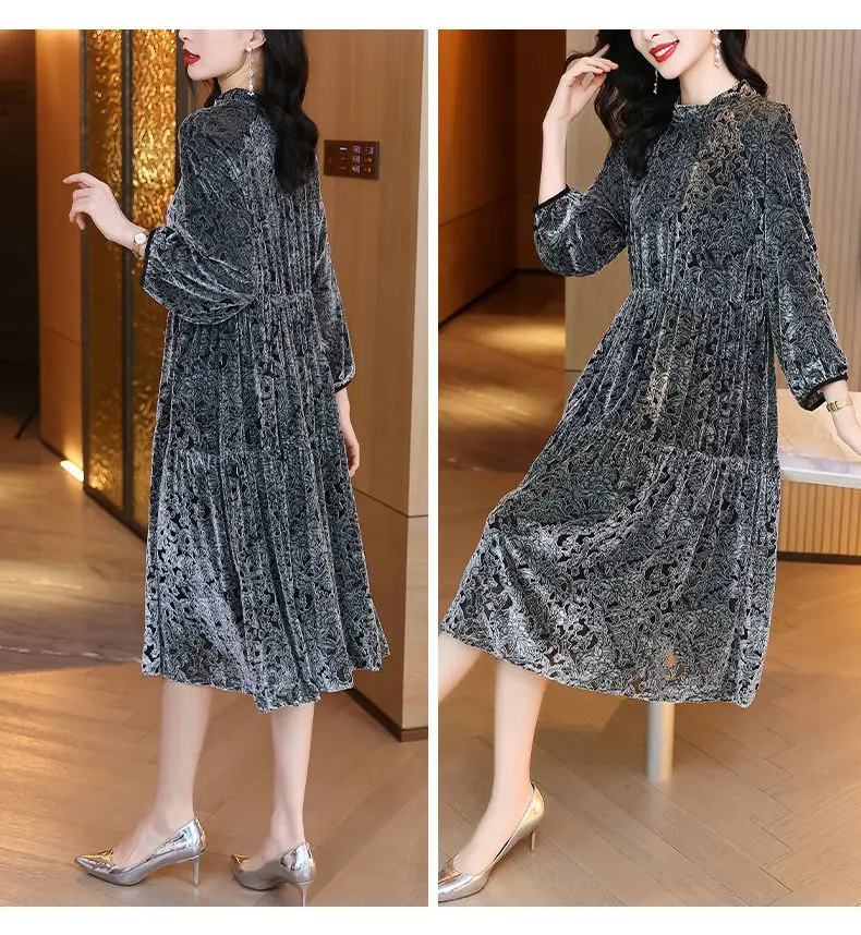 Женское платье с золотым бархатным принтом Осень-зима 2023 новинка Свободная