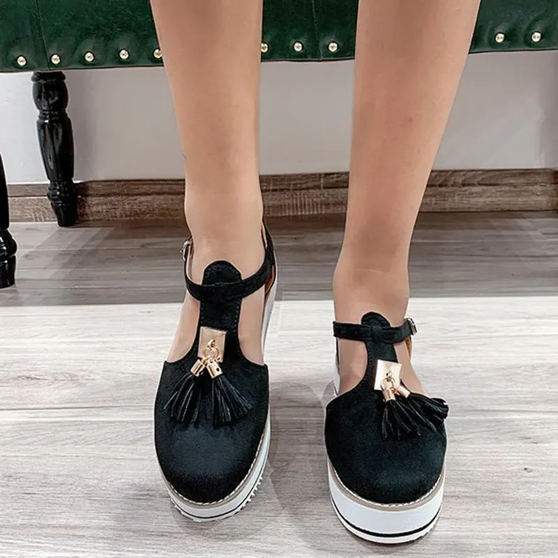 

Women Summer Sandals with Buckle Strap Solid Fringe Cover Platform Heel Casual Women Summer Sandals Ladies New