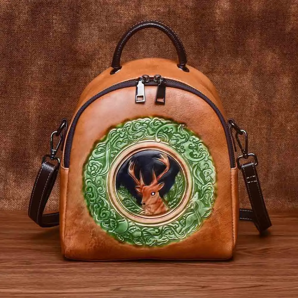 

MS Retro Women Genuine Leather Backpack Deer 3D Print Backpack for Female School Book Bag Luxury Shoulder Mochila 2022 New