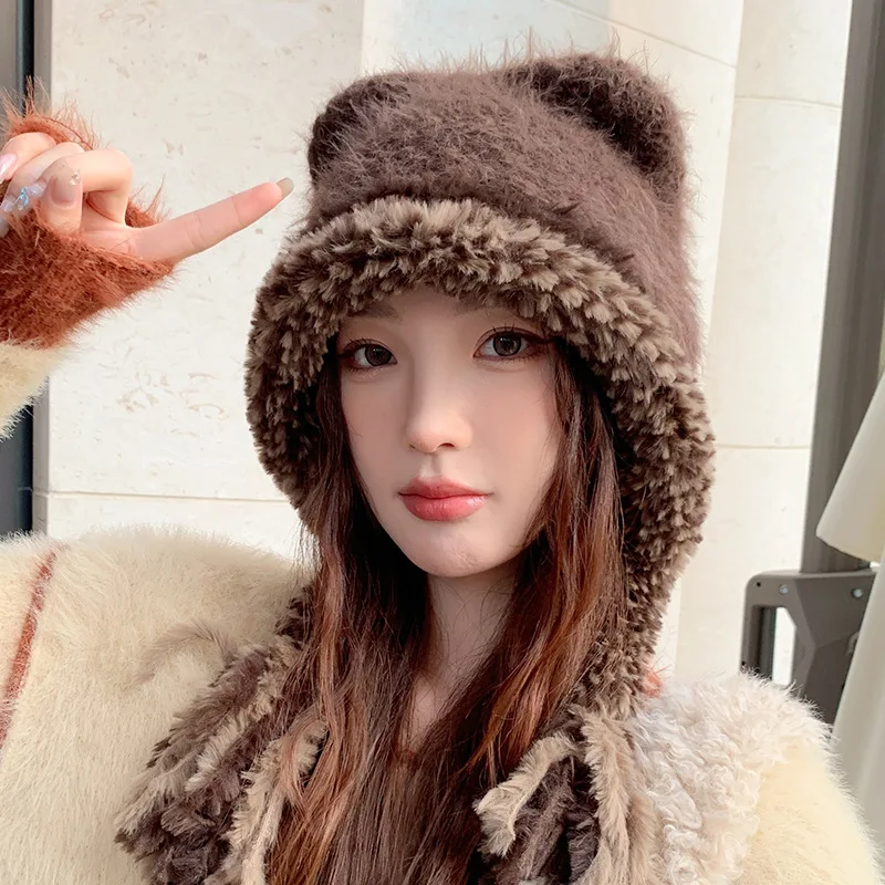 Осень и зима Новая плюшевая вязаная шапка с кошачьими ушками двойным хвостом.