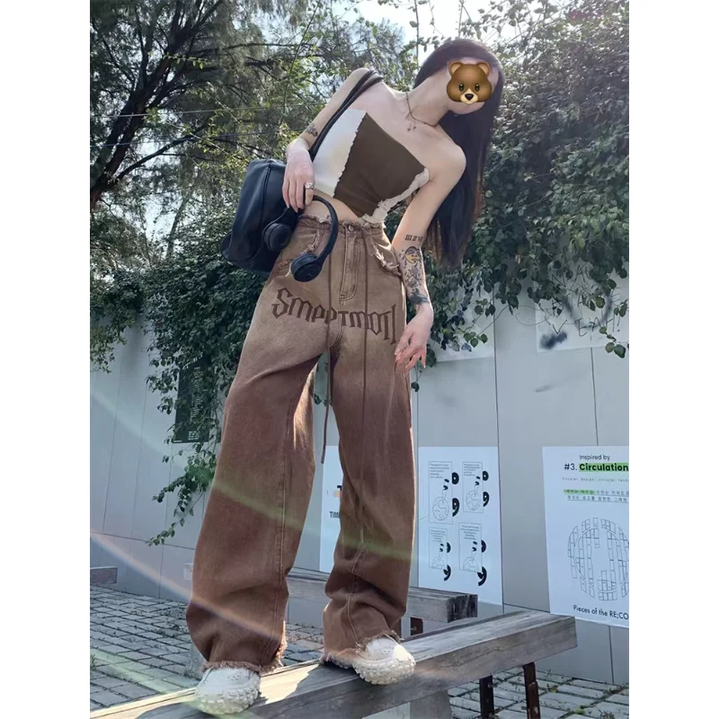 

Women's Pants Y2k American Vintage Gradient Color Drawstring Straight Jeans Female Korean Fashion Fur Edge Wide Leg Pants Ropa