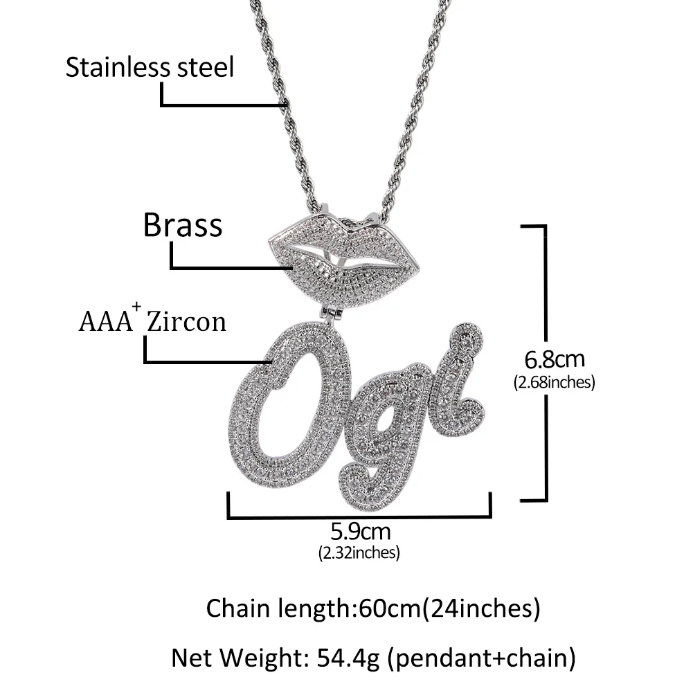 UWIN Custom Lips Clasp Brush Script Letter Pendant Two Tone DIY Name Micro Paved CZ Baguette Chain Necklace Hiphop Jewelry