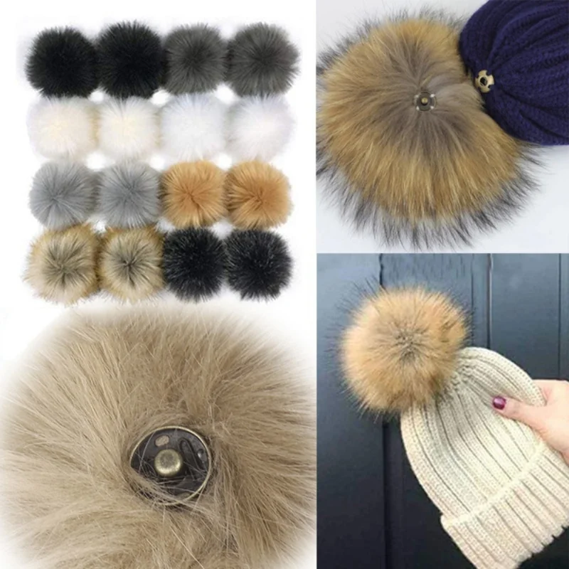 10/12cm Colorful White Faux Fox Pompoms Luxury Fur Ball for Knitted Hat Cap Winter Beanies Real Fur Pom Poms with Button or Rope