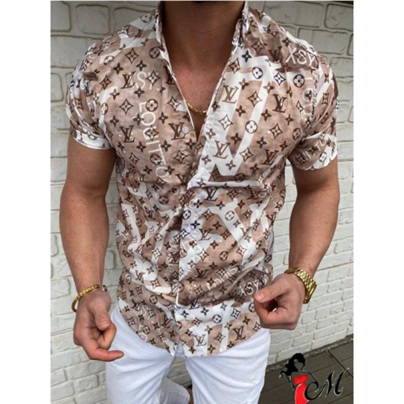 New Men's Fashionable Printed Short-Sleeved Shirt Casual Cool Slim-Fit Cardigan Top