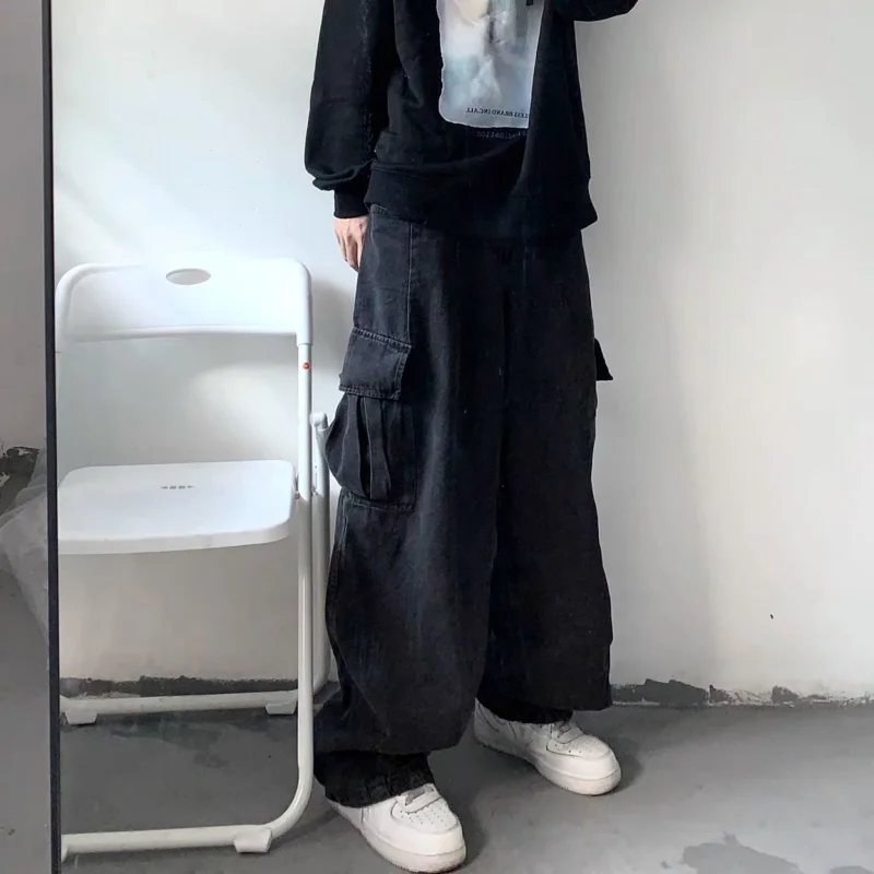 DEEPTOWN Baggy Cargo Jeans Men Loose Oversize Denim Pants Male Black Wide Leg Trousers Retro Casual Japanese Streetwear Hip Hop