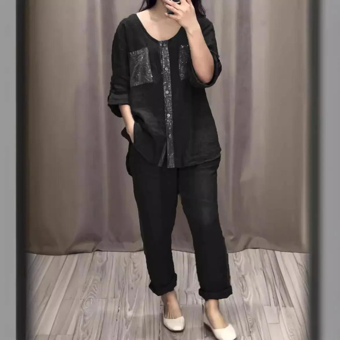 Комплект одежды из 2 предметов однотонный кардиган с блестками хлопка и брюки