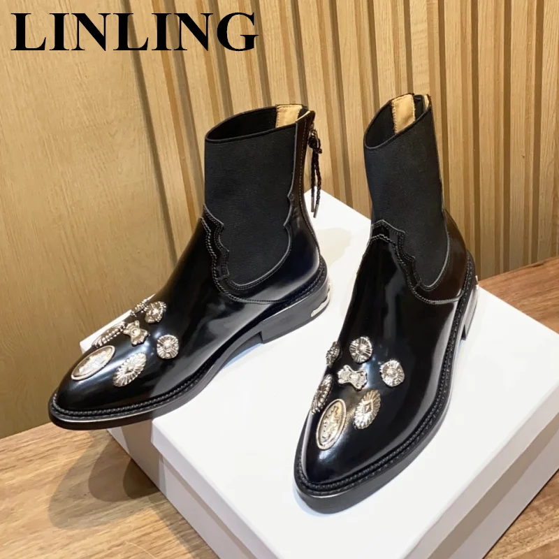 

Punk Style Metal Stud Ankle Boots Women Fashion Black Pointed Toe Real Leather Chelsea Boots Winter Autumn Casual Shoes Woman