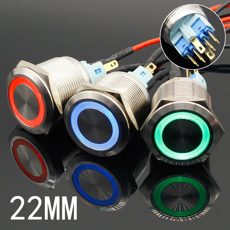 

1PC Colorful Useful Durable 5V 12V 24V 220V 22mm LED Power Push Button Switch Momentary/Latching Waterproof Metal Self-Locking