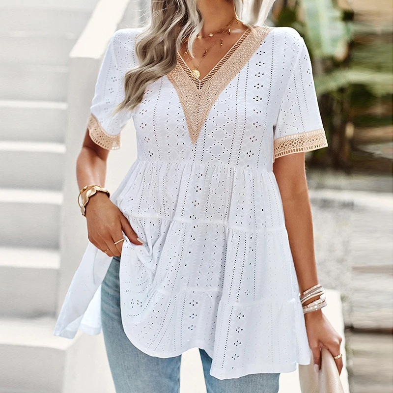 

Summer Elegant Short Sleeve White Shirts Women Fashion V Neck Lace Blouses Women Casual Stylish Loose Ladies Tops Blusas 26453
