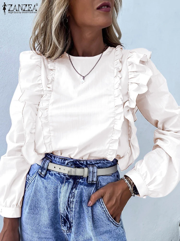

ZANZEA Fashion Ruffle Patchwork Blouse 2022 Spring OL Long Sleeve Tops Women Solid O Neck Blusas Casual Oversized Camisas Shirts