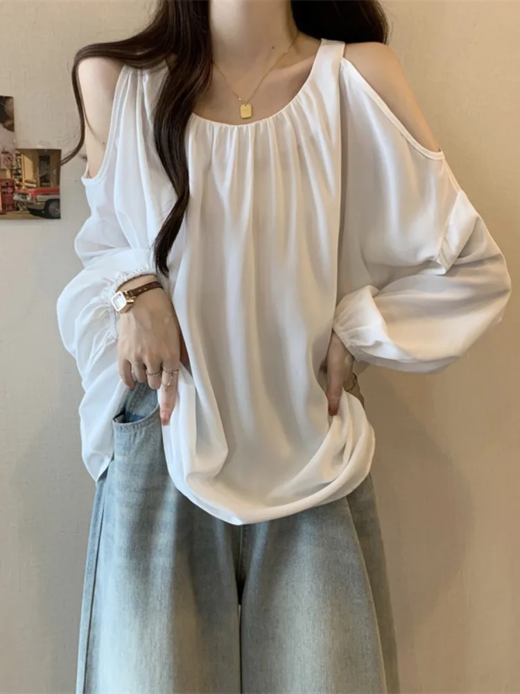 Женская летняя рубашка с открытыми плечами открытой шеей и пышными рукавами