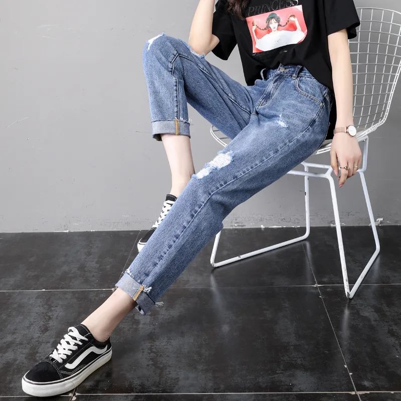 Broken Nine Point Jeans for Women Loose Fitting Summer Thin High Waisted Straight Casual Pants