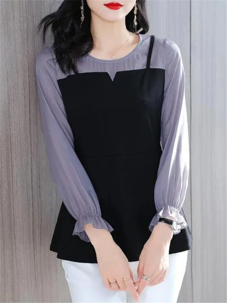 

Patchwork Top Women T-shirt Contrast Color Blouses For Woman Short Sleeve Tees Summer Female Clothing Flare Sleeve Lady Tshirts