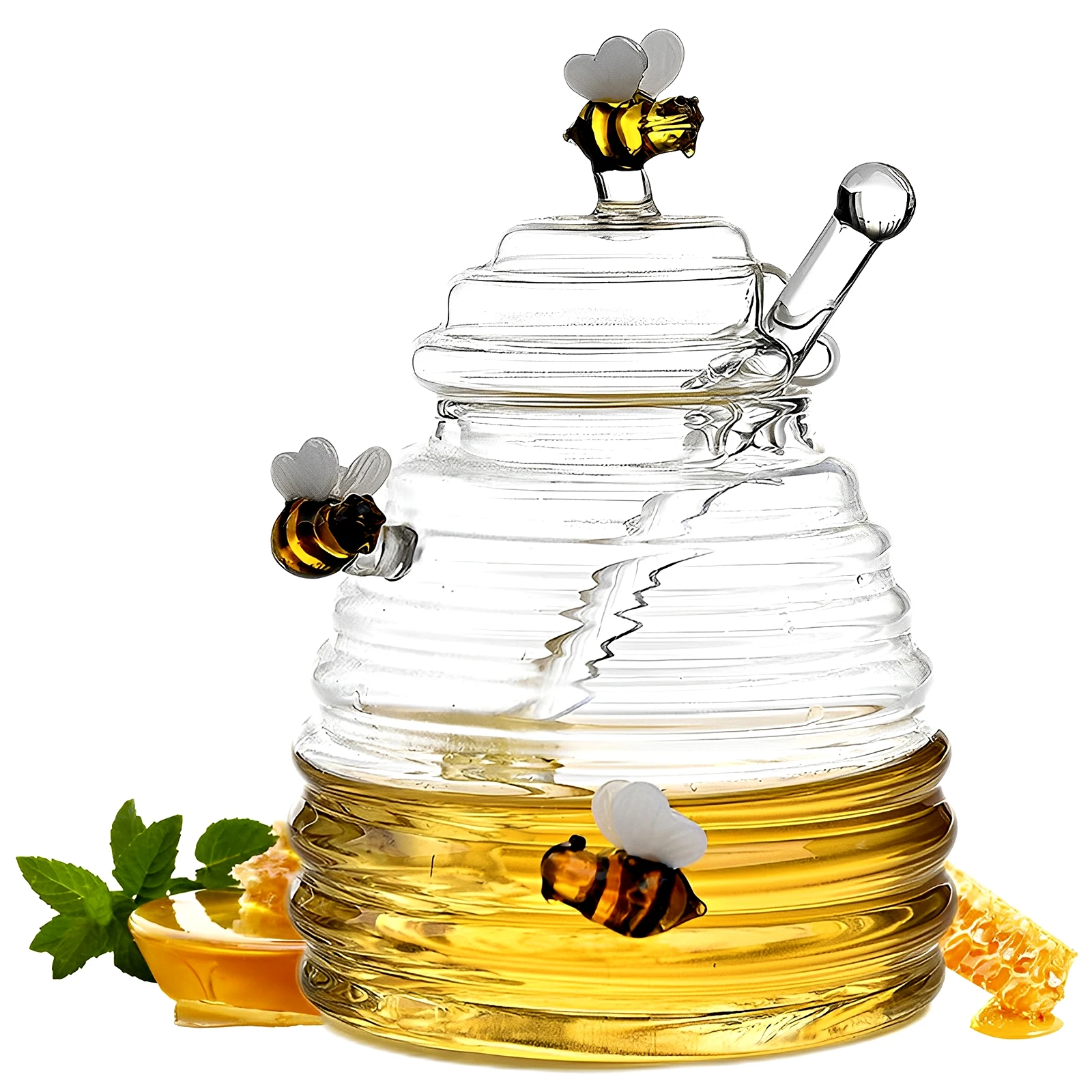 

Honey Jar Clear Glass Honey Dispenser with Dipper Stick and Lid Large Capacity Honey Bottle Cute Decorative Honey Container
