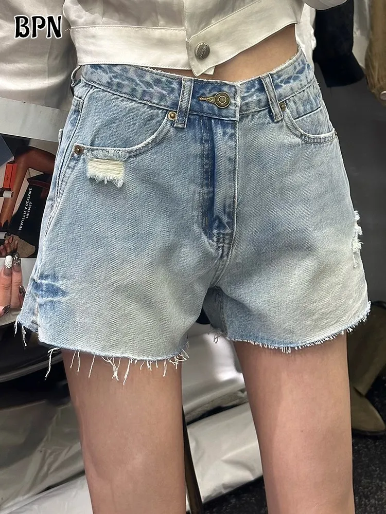 

BPN Minimalist Patchwork Pockets Shorts For Women High Waist Spliced Single Button Casual Slimming Soild Summer Jeans Female New