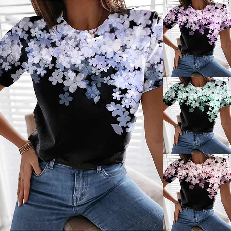 

2022 Summer Elegant Women's Floral Theme Fational Painting T Shirt Floral Print Round Neck Basic Casual Tops Plus Size Pullover