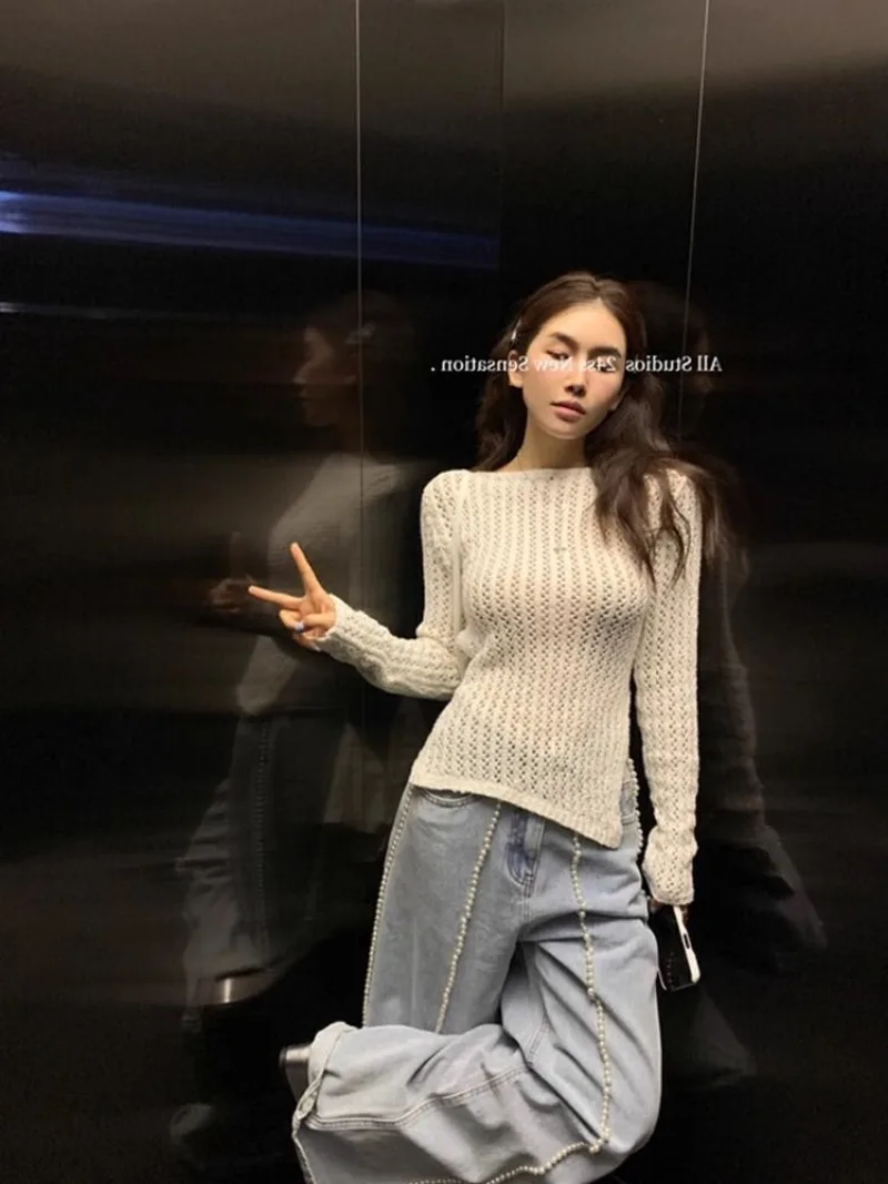 Ажурный свитер с круглым вырезом женская летняя новая Асимметричная ажурная
