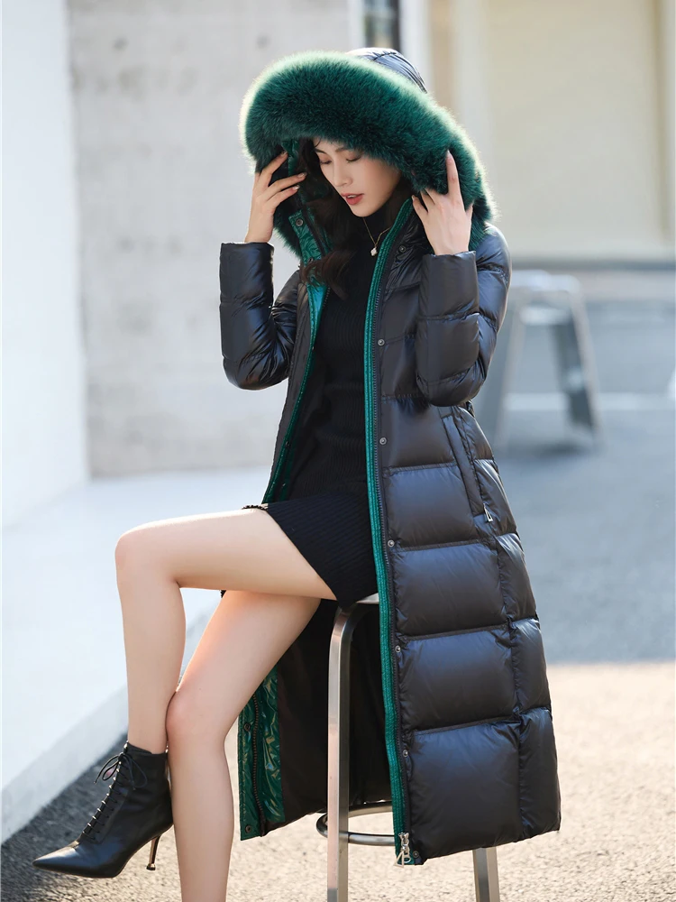 New Women Real Fox Fur Collar Down Coat Winter Fashion Hooded Two-colour Belt Slim Long Down Jacket Thicken Warm Black Overcoat