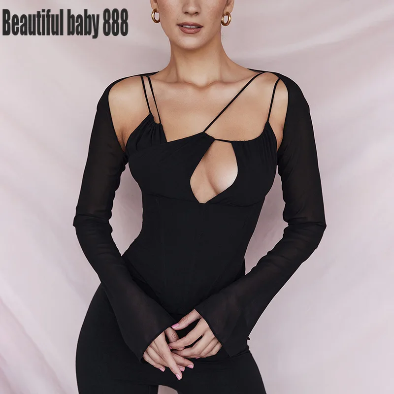 

Meqeiss Mesh Patchwork Tops Women Long Sleeve Off Shoulder Sexy Cut Out Slim Short T-shirt Streetwear Party Outfits Wholesale