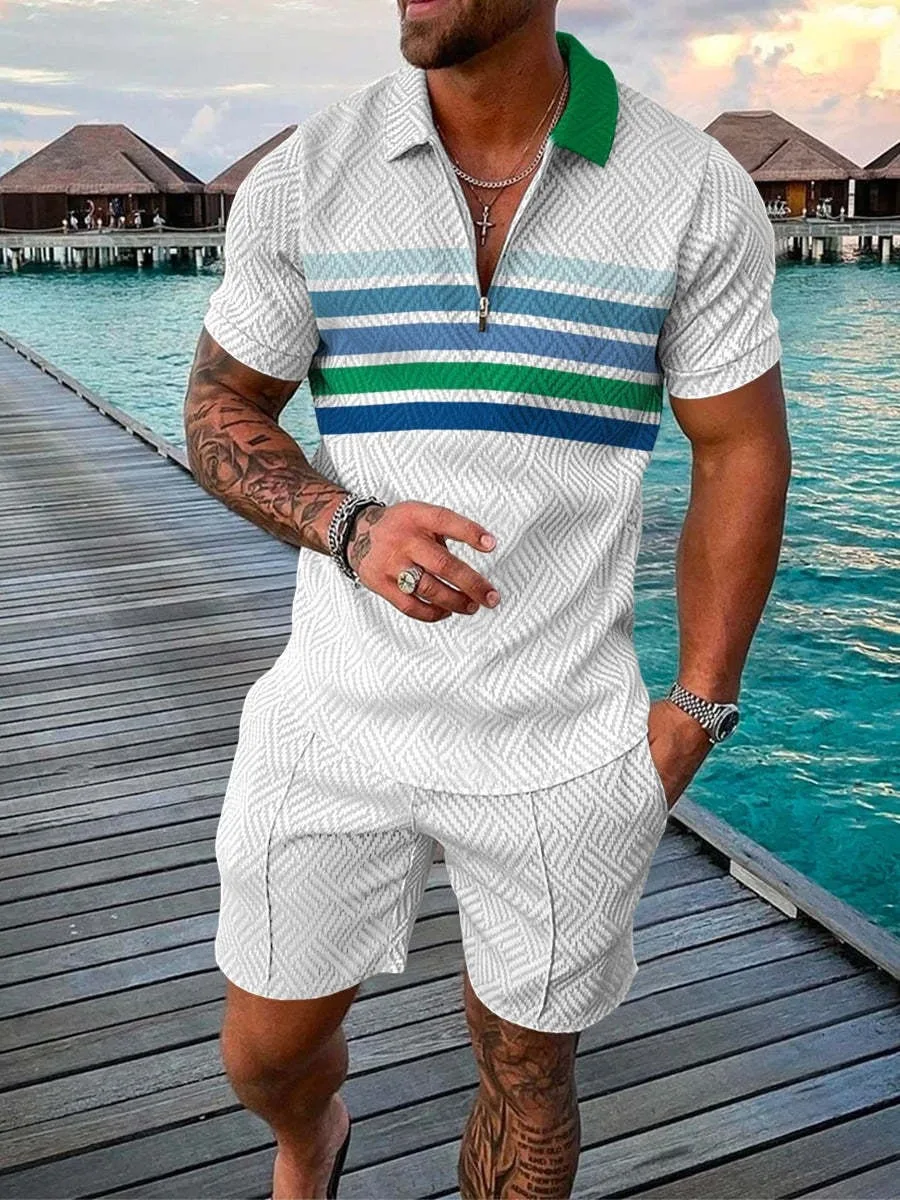 Summer Men Short-sleeved Polo Shirt Beach Shorts 3D Printed Zip-Collar Sports 2-piece Set High Quality Casual Fashion Polo Shirt