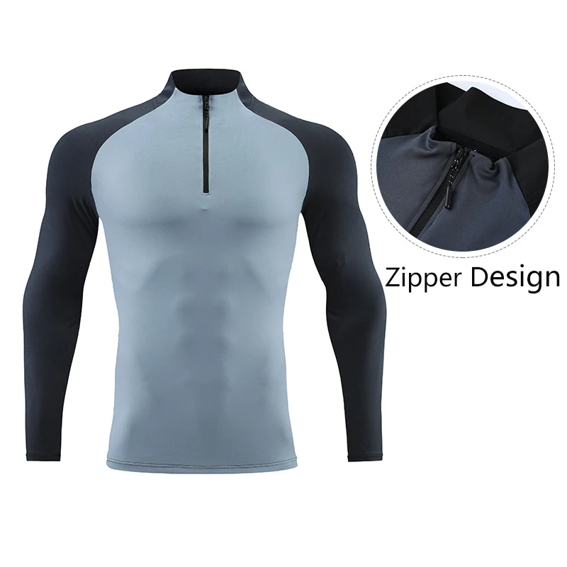 Men's Running Jogger Compression Long Sleeve Tops Skinny Shaper Gym Sweatshirt Quick Dry Fitness Tight Casual Zipper Up T-Shirt