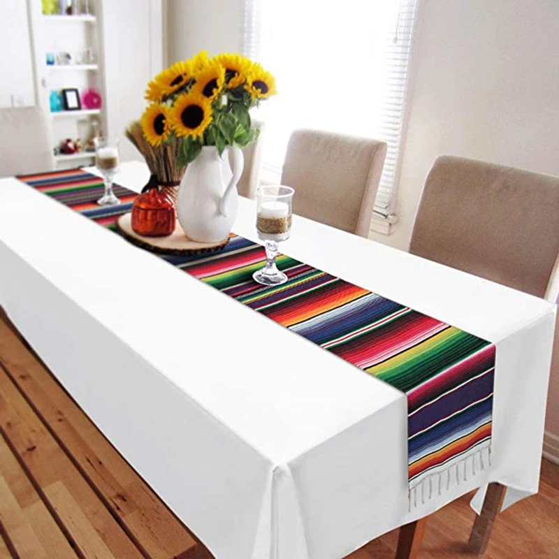 Inyahome 35*213cm Mexican Style Rainbow Striped Table Runner Tablecloth Rustic Wedding Party Banquet Decoration Home Textiles