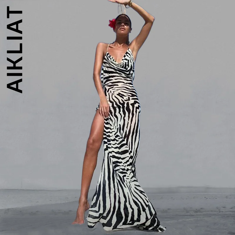 

Aikliat New Dress Women Spaghetti Strap Side Split Beach Zebra Sexy Dress Popular Club Dresses Lazy Female Woman Clothes
