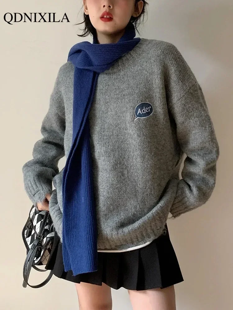 

Korean Autumn Winter Cartoon Embroidery Women's Sweater New Knit Pullovers Tops Loose outer wear Casual Fashion O-neck Knitwears