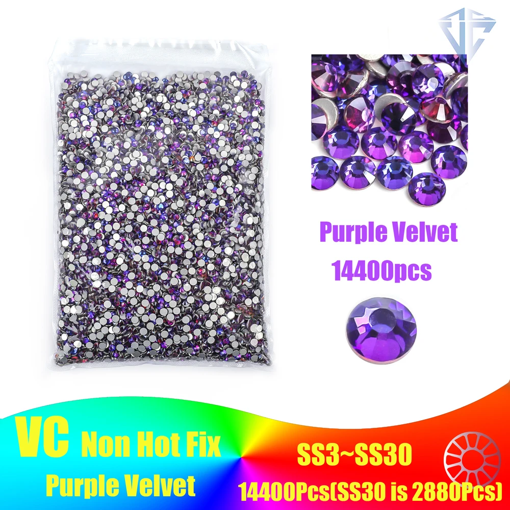 

Hot Sale14400Pcs Purple Velvet Glitter Crystal Non Hot Fix Rhinestones Glass Strass Flatback For DIY Nails Decorations