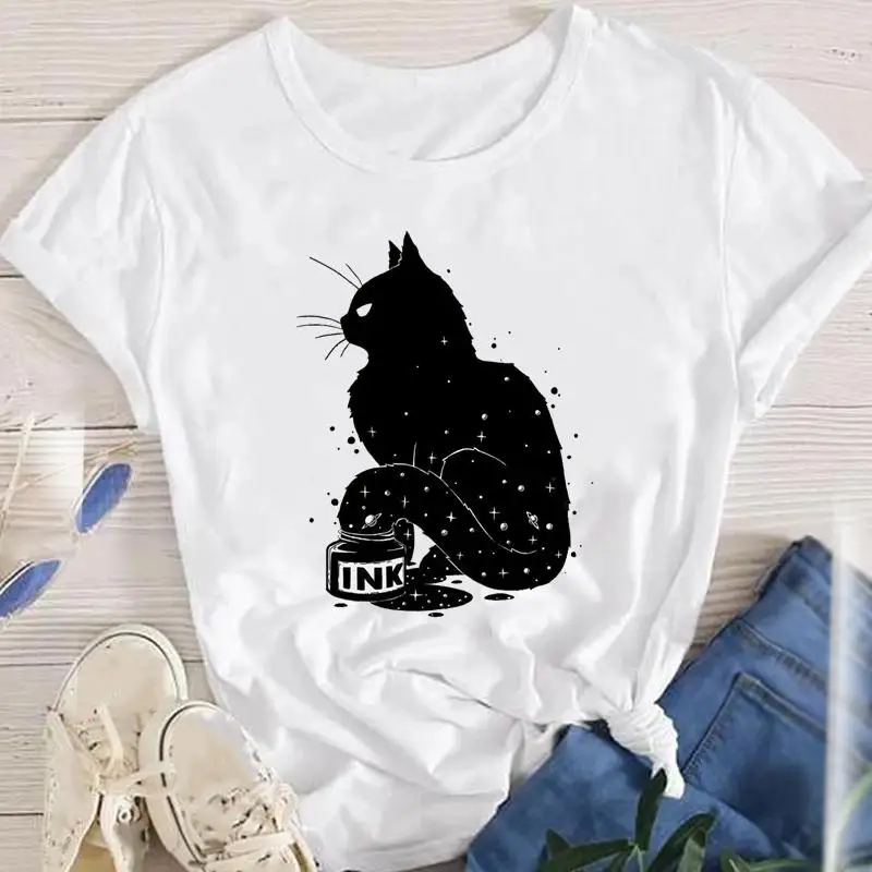 

Cartoon Ink Cat Print Women T Shirt Summer New Fashion TShirt femme Funny Clothing Lovely Girl T-shirt 90s Tee Shirt Femme 2022