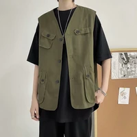 summer workwear vest men solid color cardigan pocket vest coat men sleeveless single breasted v neck vest japanese harajuku coat