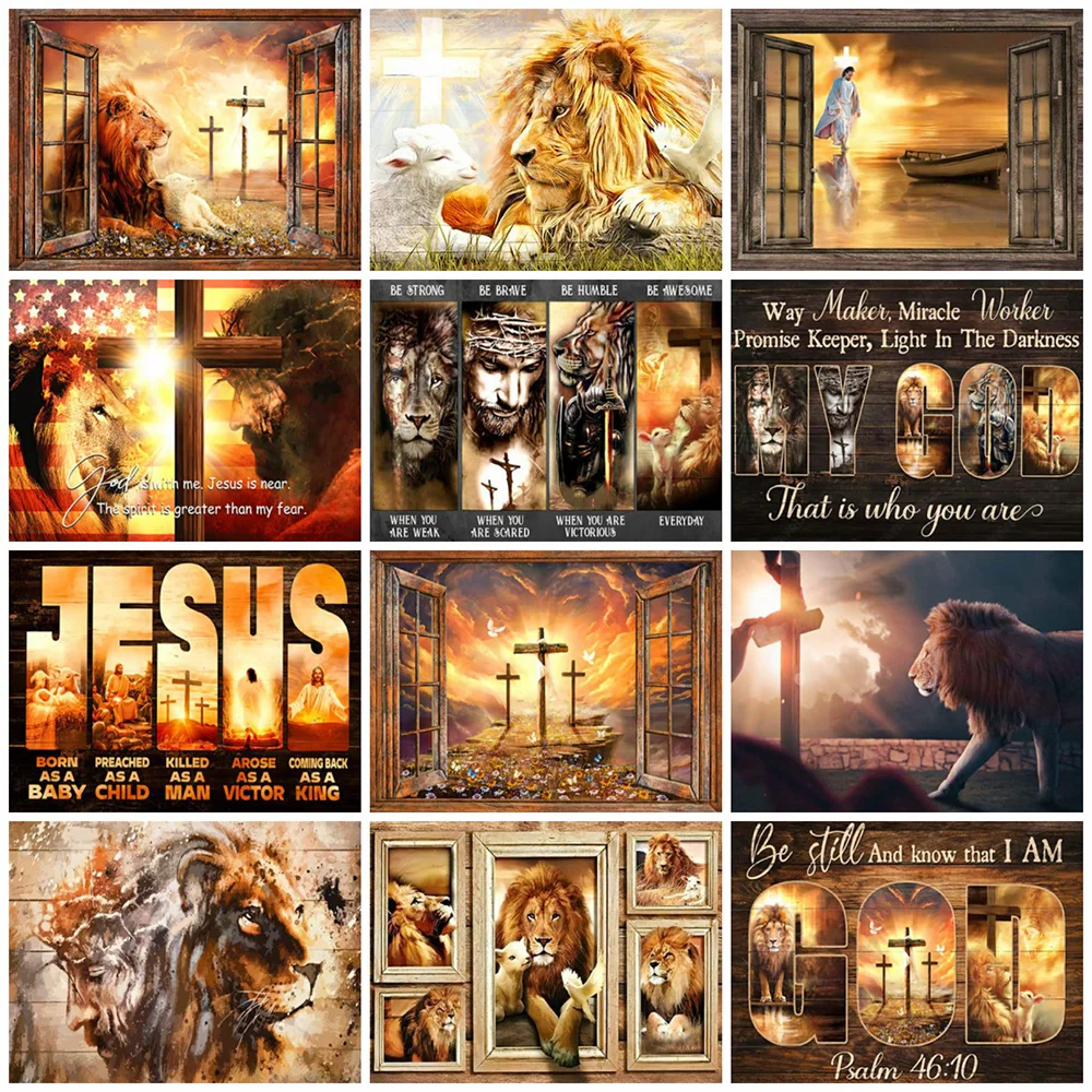 

Алмазная живопись Huacan с изображением Льва, полноразмерная круглая вышивка, мозаика с Иисусом, религия, украшение для дома