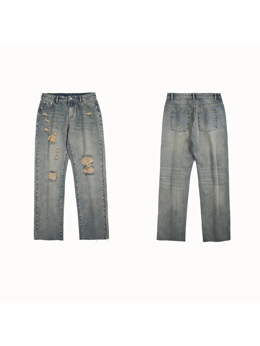 Four Seasons Men's Wear Vibe American High Street Ripped Jeans Hip Hop Loose Straight Trousers Fashion Streetwear Ins Hot Sale