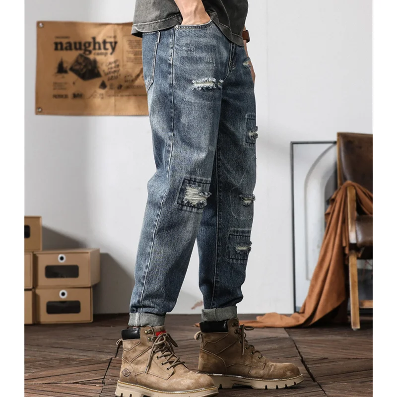 Streetwear Men 2022 New Style Pattern Vintage Recreational Blue Haren Pants Straight Cylinder Loose Ripped Jeans Autumn Female