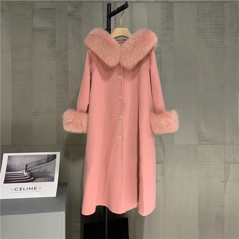 Winter Fur Coat Women Wool Jacket Long Large Real Fox Fur Collar Hood Jacket Fashion Overcoat Ladies Warm Luxury Streetwear