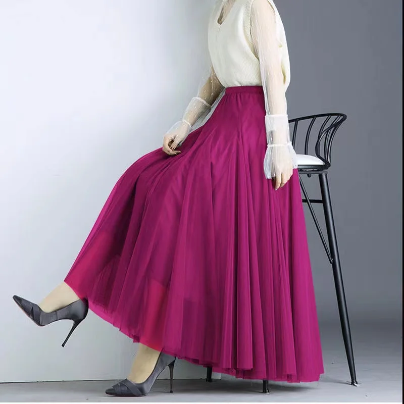 

15 Colors Tulle Skirt Women Elastic High Waist Mesh Skirts 720° Swing Long A-line Pleated Tutu Skirt Linging Female Jupe Longue