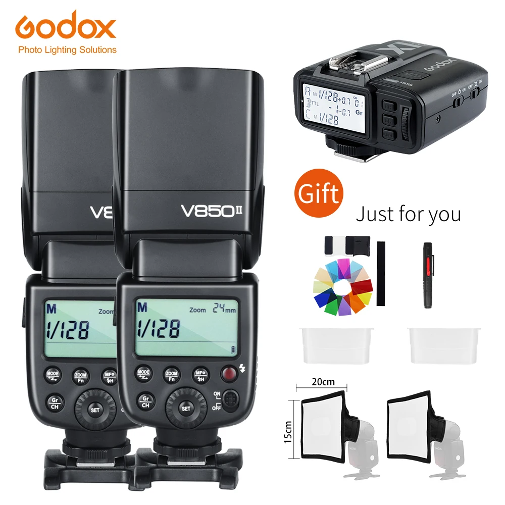 

Литий-ионный аккумулятор 2xGodox V850II GN60 2,4G Беспроводная вспышка Speedlite X System + X1T-C/N/S/F/O триггер для Canon Nikon Sony Lumix Fuji