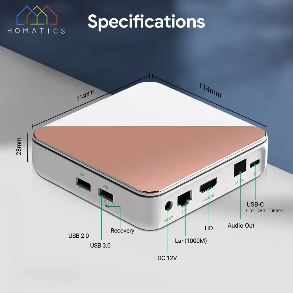 Фото ТВ-приставка HOMATICS Box R 4K Plus на Android TV 14, сертифицированная Netflix и Google, на базе Amlogic S905X4, 4G/32G, с поддержкой DTS, Dolby Audio и Dolby Vision №1