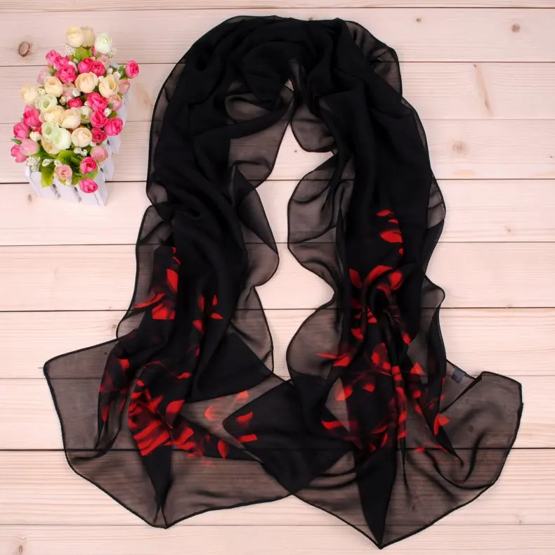 Nueva bufanda de seda de gasa refrescante para mujer, bufanda pequeña de primavera a la moda, color negro