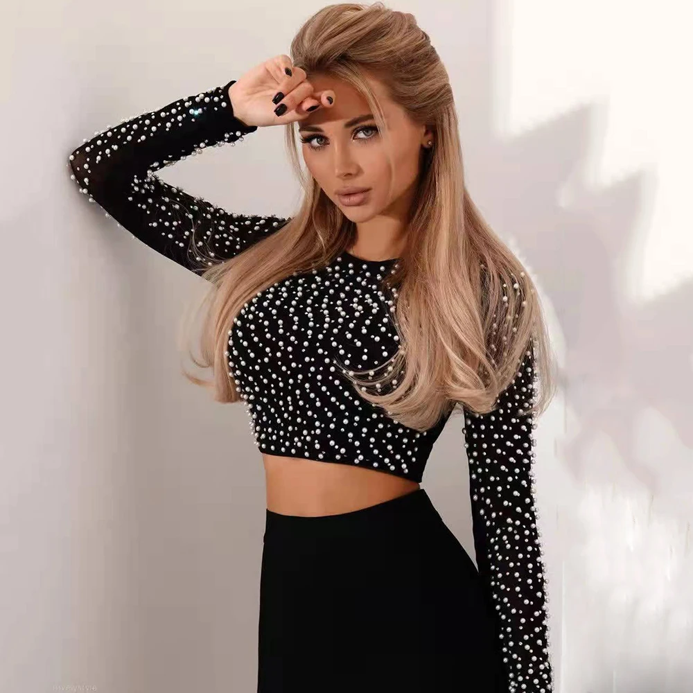 

2022 New Women Long Sleeve Clothes Club Party Sexy Mesh Vintage Elegant Top Sexy Beading Fashion Tops