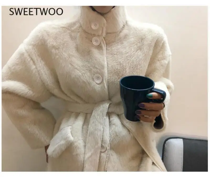 2022 Winter Thick Solid Women Fur Jacket Outwear Lady Faux Rabbit Fur Sashes Fashion Coats Female Warm Coat Contracted Slim Tide