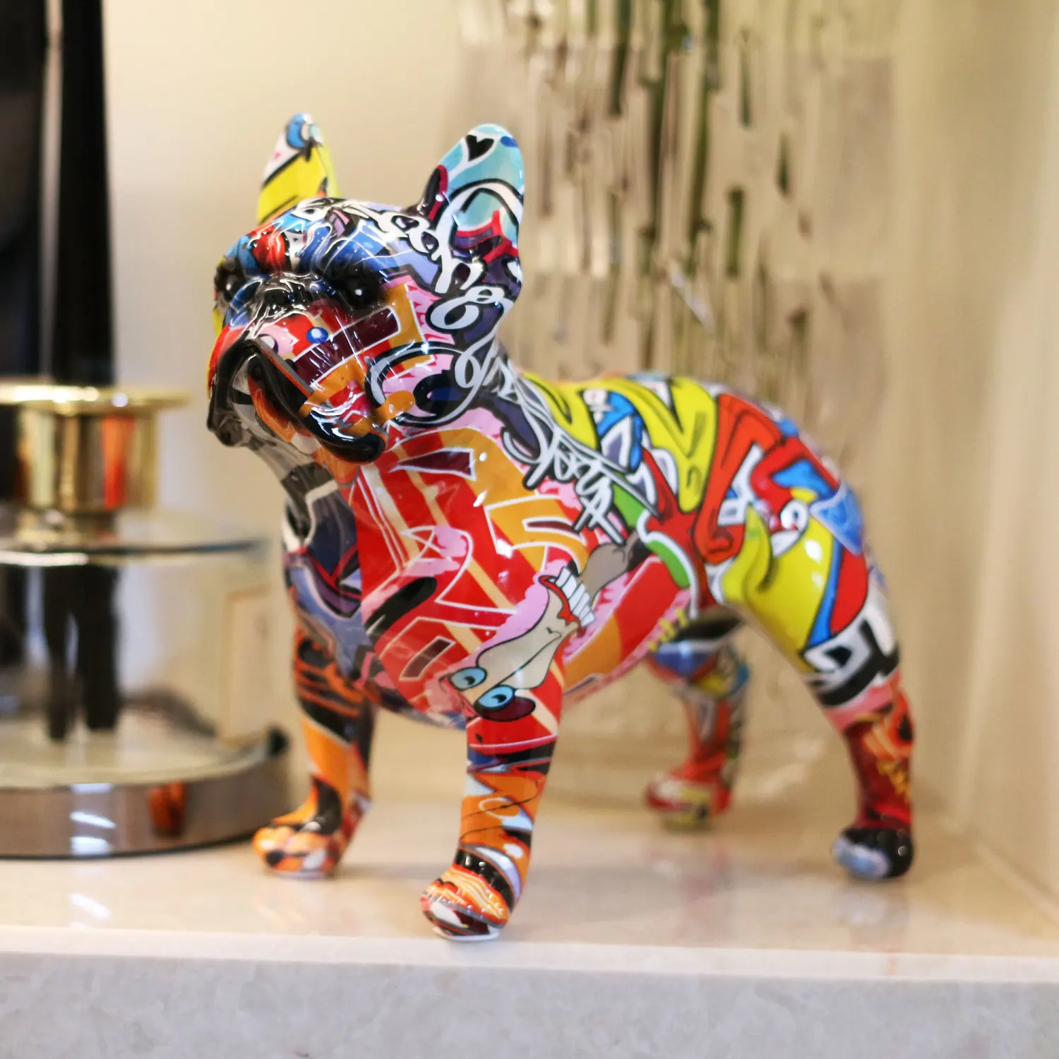 

Graffiti water transfer French bulldog home decorations colorful resin animal statues desktop and bookshelf handicraft ornaments