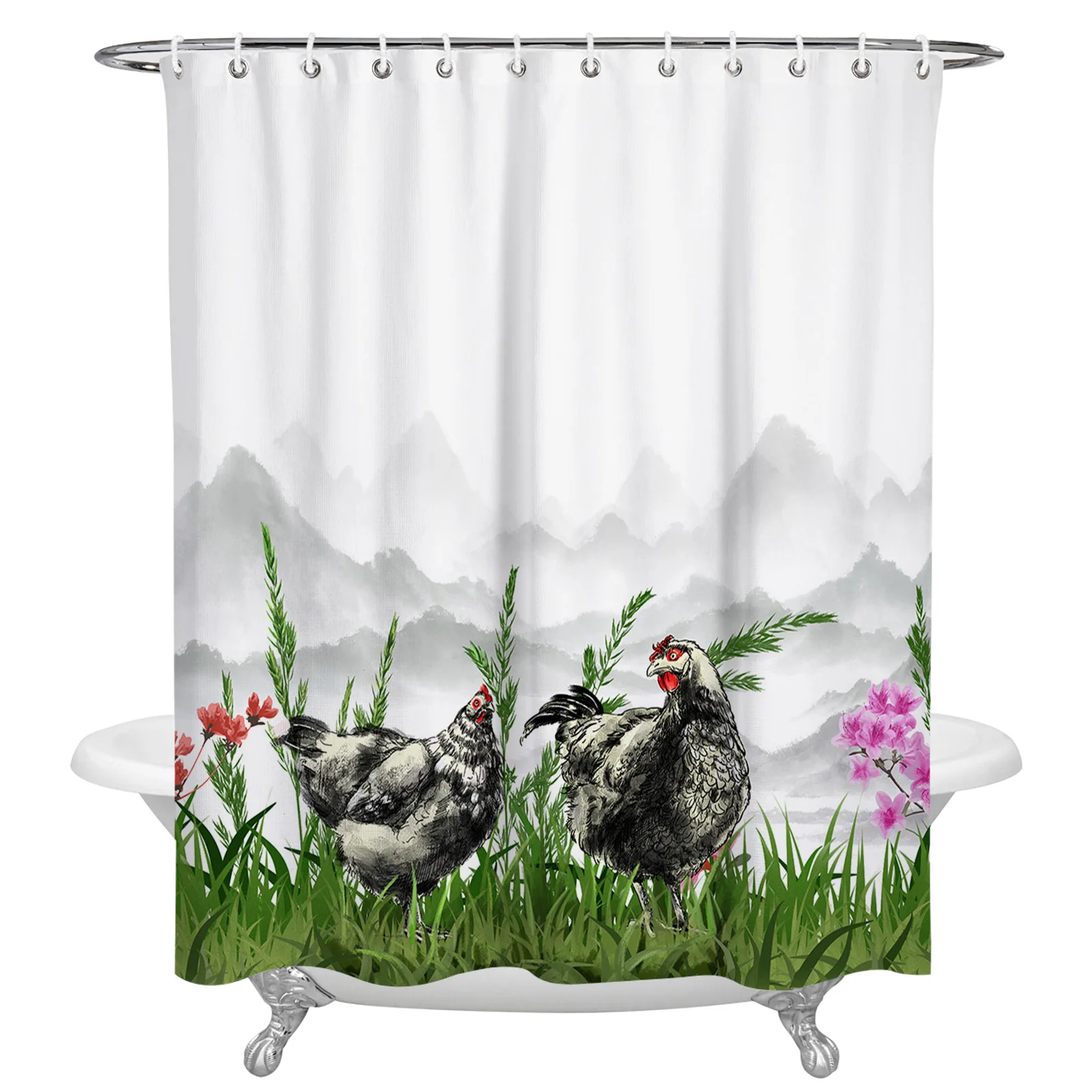 

Занавеска для душа с рисунком цыплят и растений, водонепроницаемая шторка из полиэстера, для ванной комнаты, домашний декор, с крючками